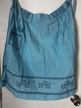 Old Vintage Blue and White Checkered Apron w Black Embroidery
